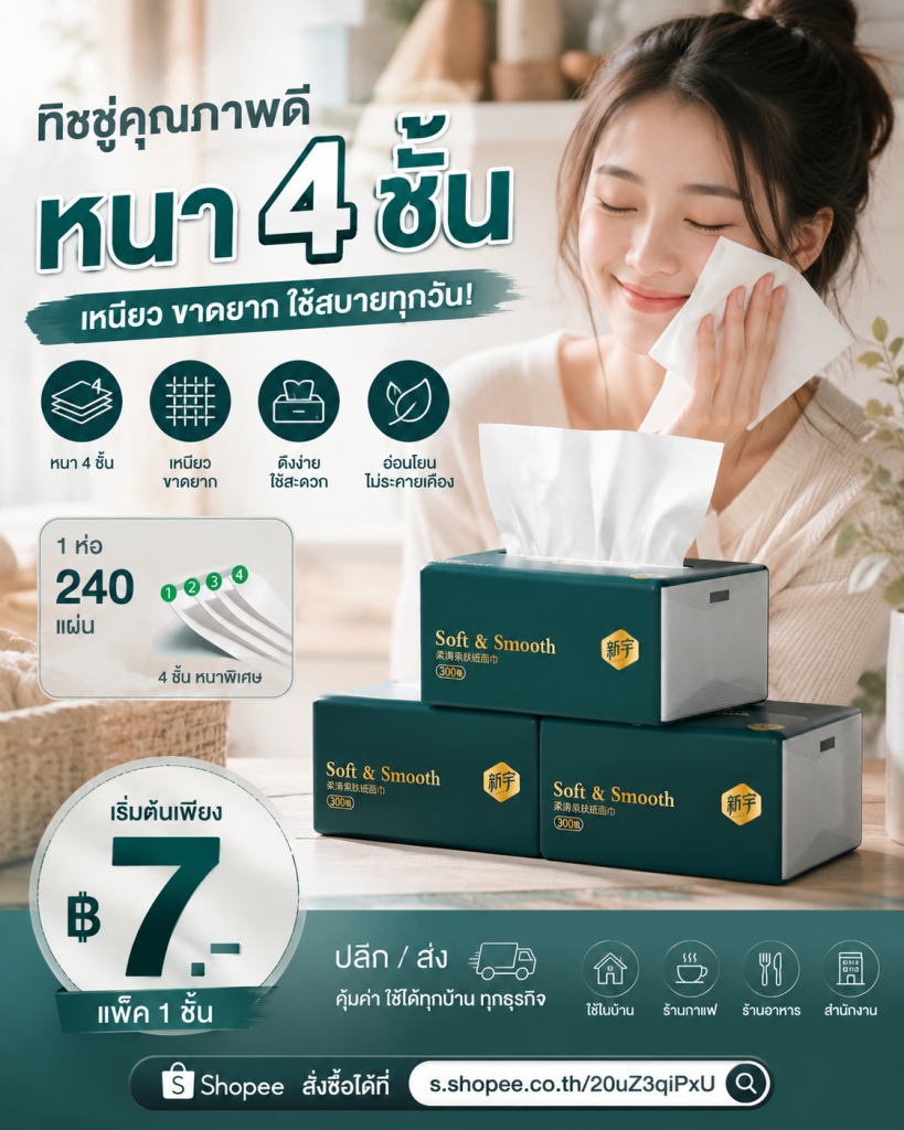 กระดาษทิชชู่ Soft & Smooth หนา 4 ชั้น ราคาเพียง 7 บาท!