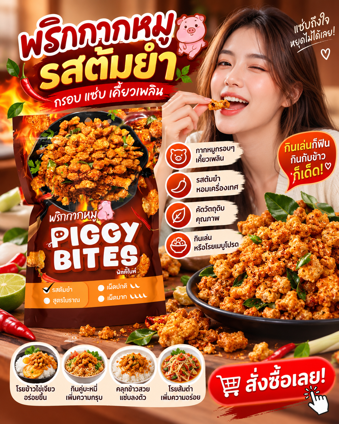 🔥🐷 กรอบ แซ่บ เคี้ยวเพลิน! พริกกากหมูรสต้มยำ PIGGY BITES ของกินเล่นที่สายแซ่บต้องลอง! 🌶️🤤